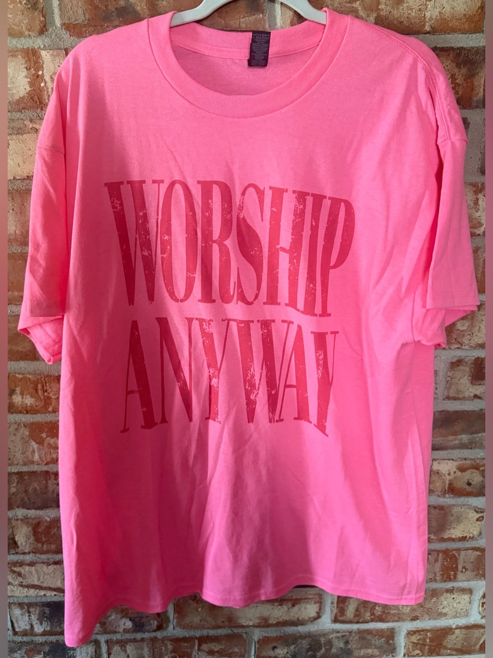 Gildan Neon Pink 'Worship Anyway' Graphic Short Sleeve Tee